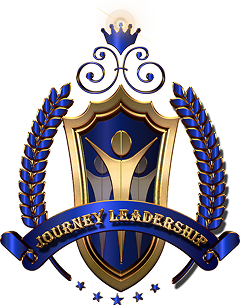 A blue and gold emblem featuring a shield, laurel branches, and the words 'Journey Leadership'.