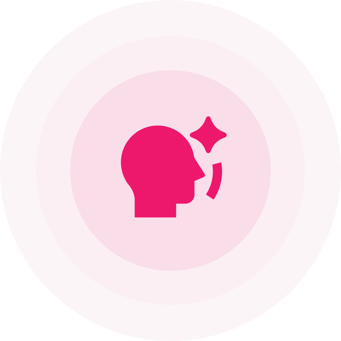 Pink icon of a human head with a sparkling star near the face on a light pink background.