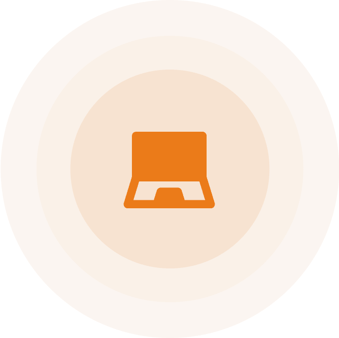 Orange laptop icon on a beige circular background.