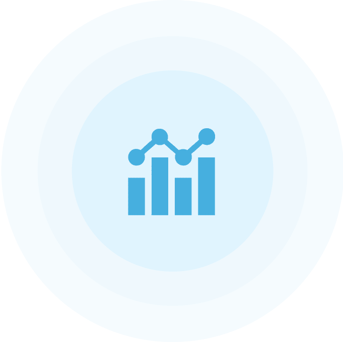 Blue icon showing a bar chart with a line graph above it.