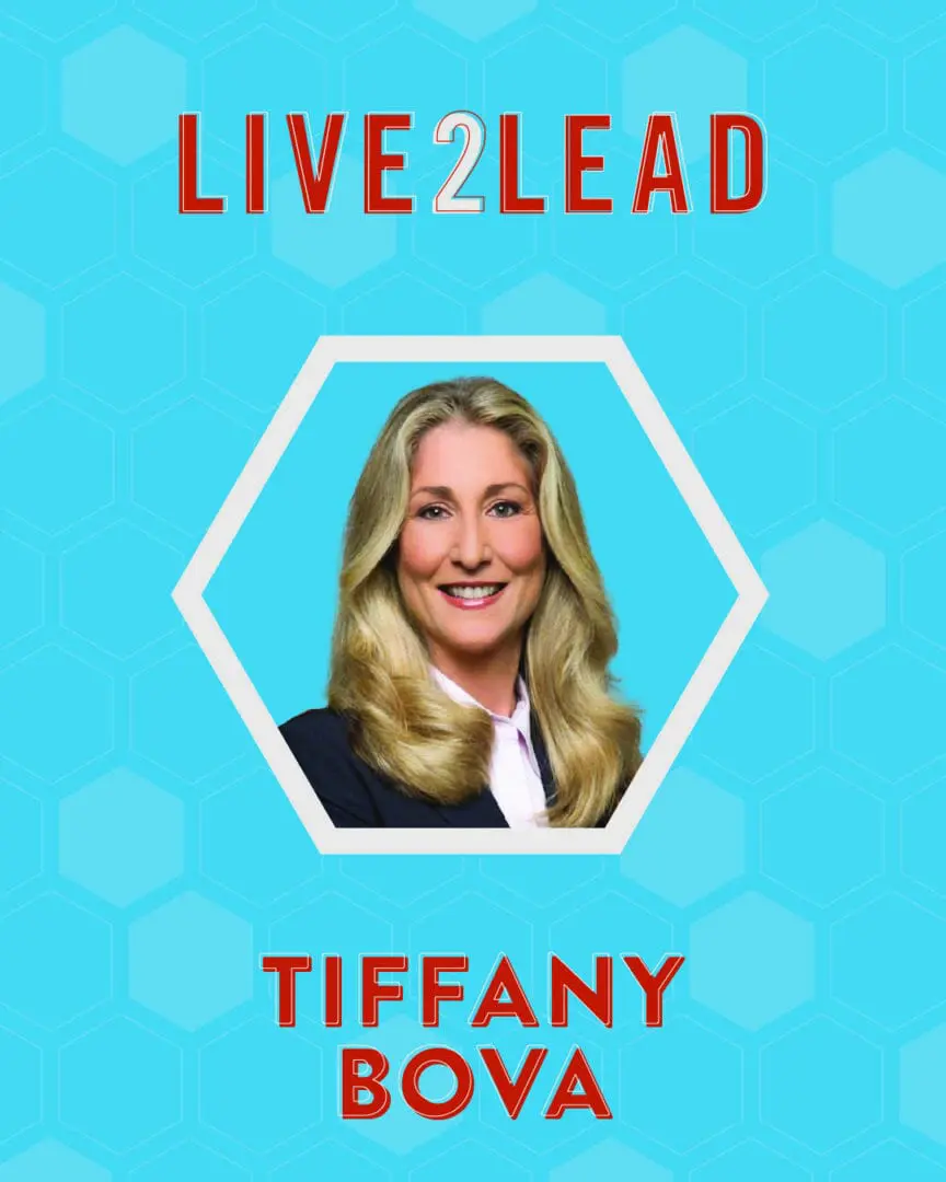 Professional headshot of Tiffany Romm on a blue background with 'Live2Lead' text.