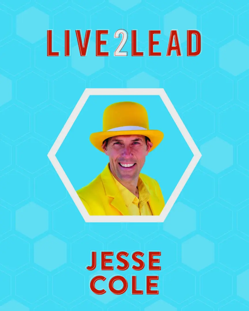 Person in a yellow outfit and hat with 'LIVE2LEAD JESSE COLI' text.