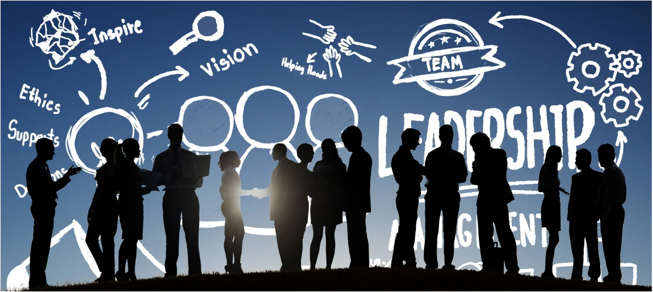 Silhouettes discussing leadership and teamwork concepts.