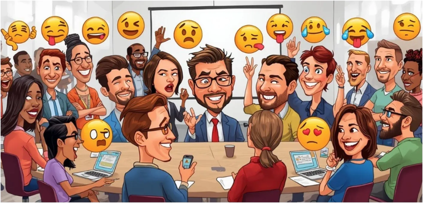 Cartoon meeting with diverse emoji reactions.